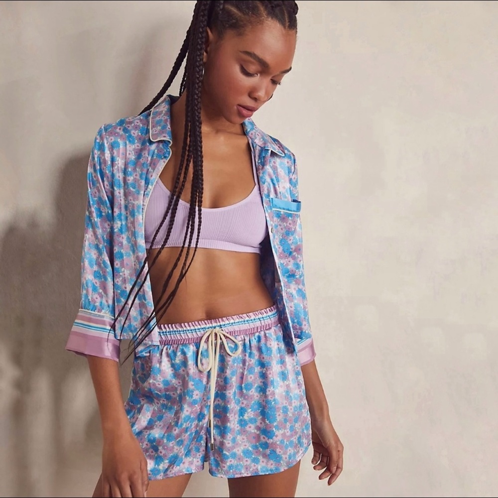 Free People Lilac & Sky Blue Floral Satin Pajama Set